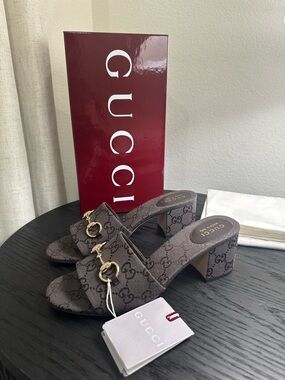 Gucci Horsebit GG Canvas Slide Sandal Mule Brown 40